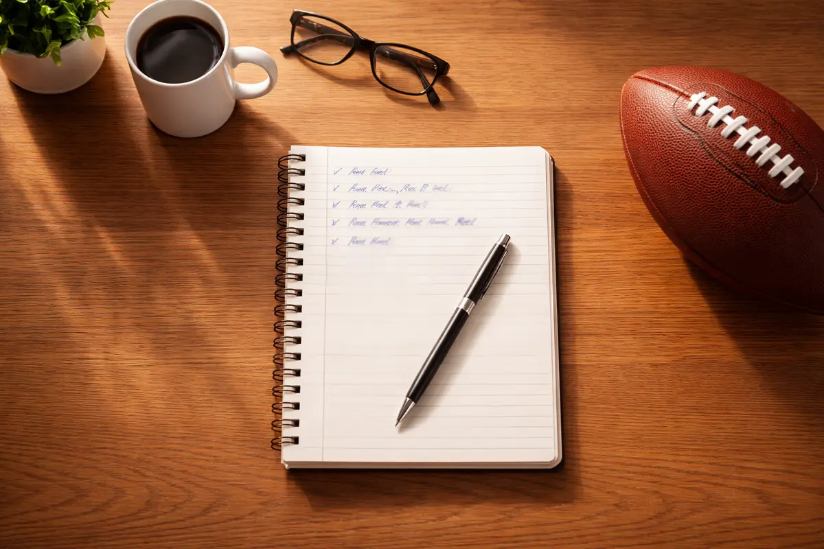 Notizbuch mit Stift auf einem Tisch neben einem American Football – Bankroll Management