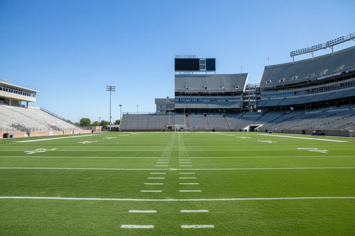 Geteiltes Bild eines College-Stadions und eines NFL-Stadions bei Tageslicht