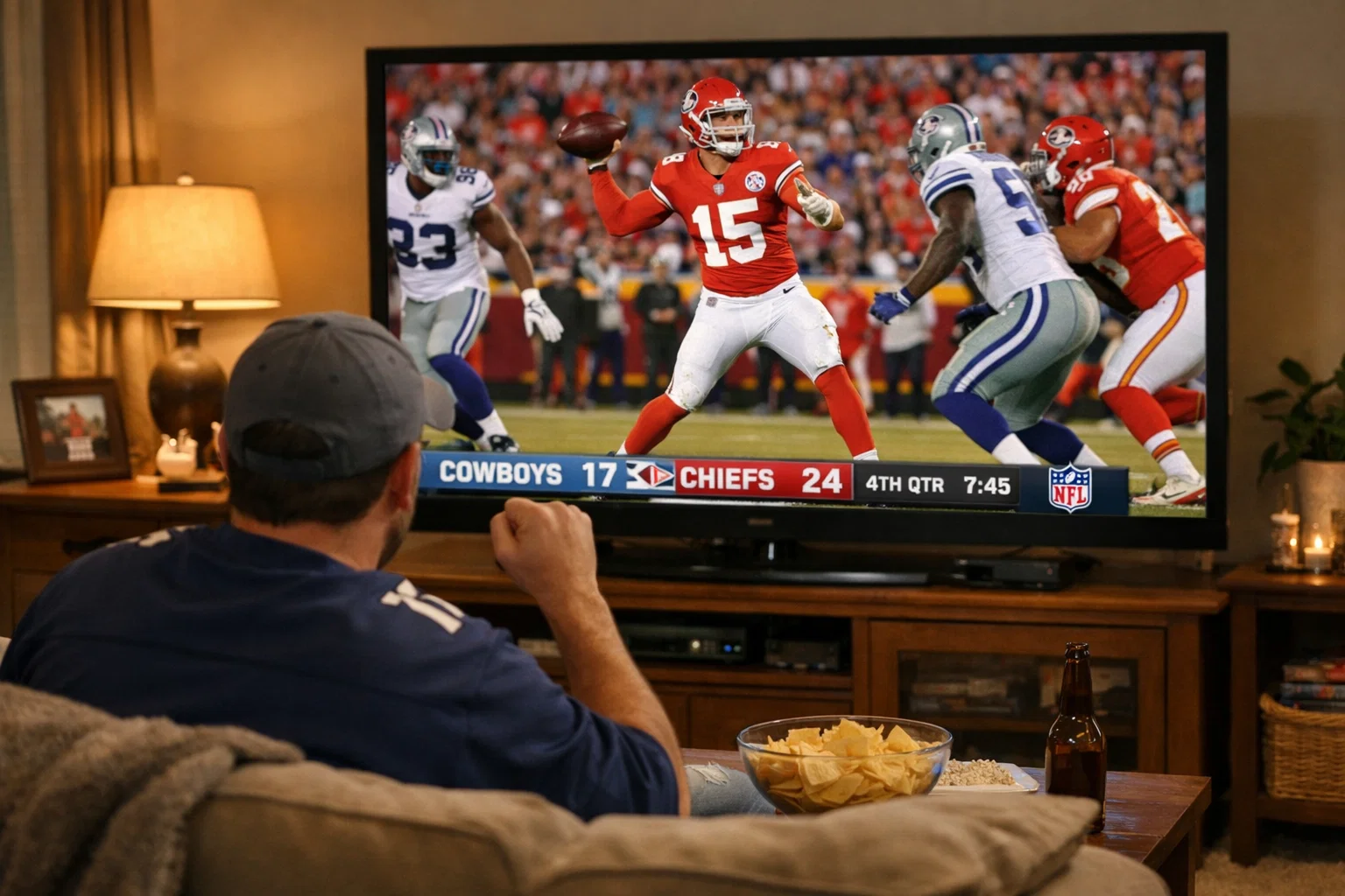 Fan schaut aufmerksam ein NFL-Spiel auf einem großen Fernseher im Wohnzimmer