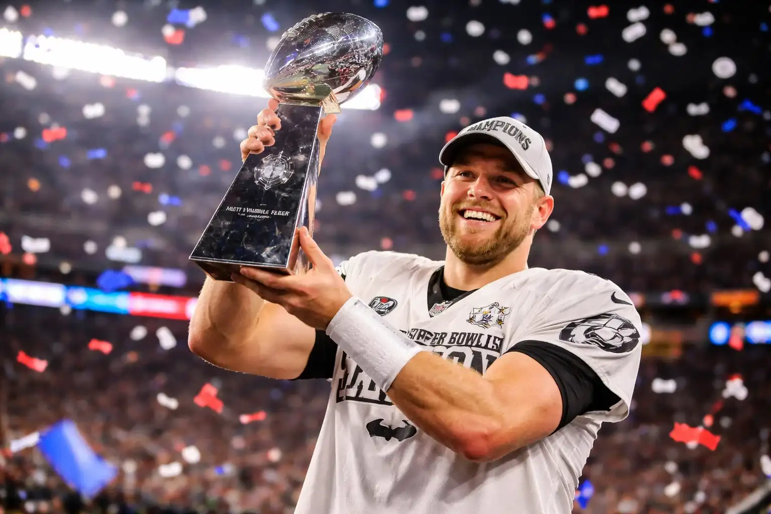 Football-Spieler hält die Super Bowl MVP-Trophäe in den Händen