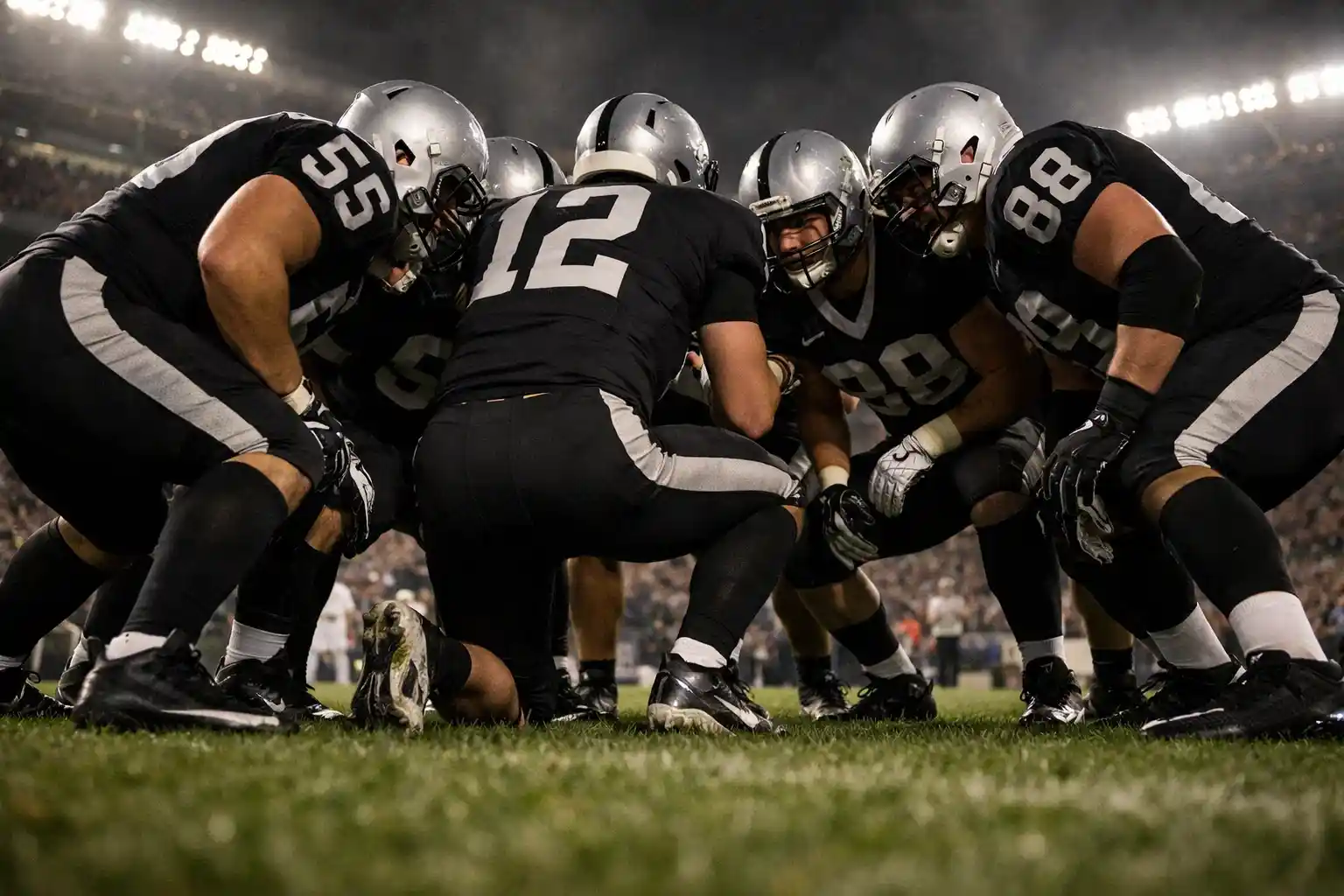 Football-Team im Huddle während einer Spielbesprechung