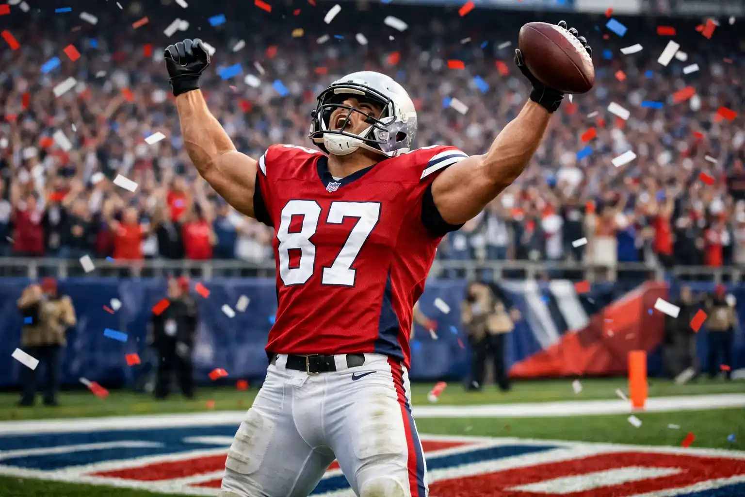 Football-Spieler feiert einen Touchdown in der Endzone