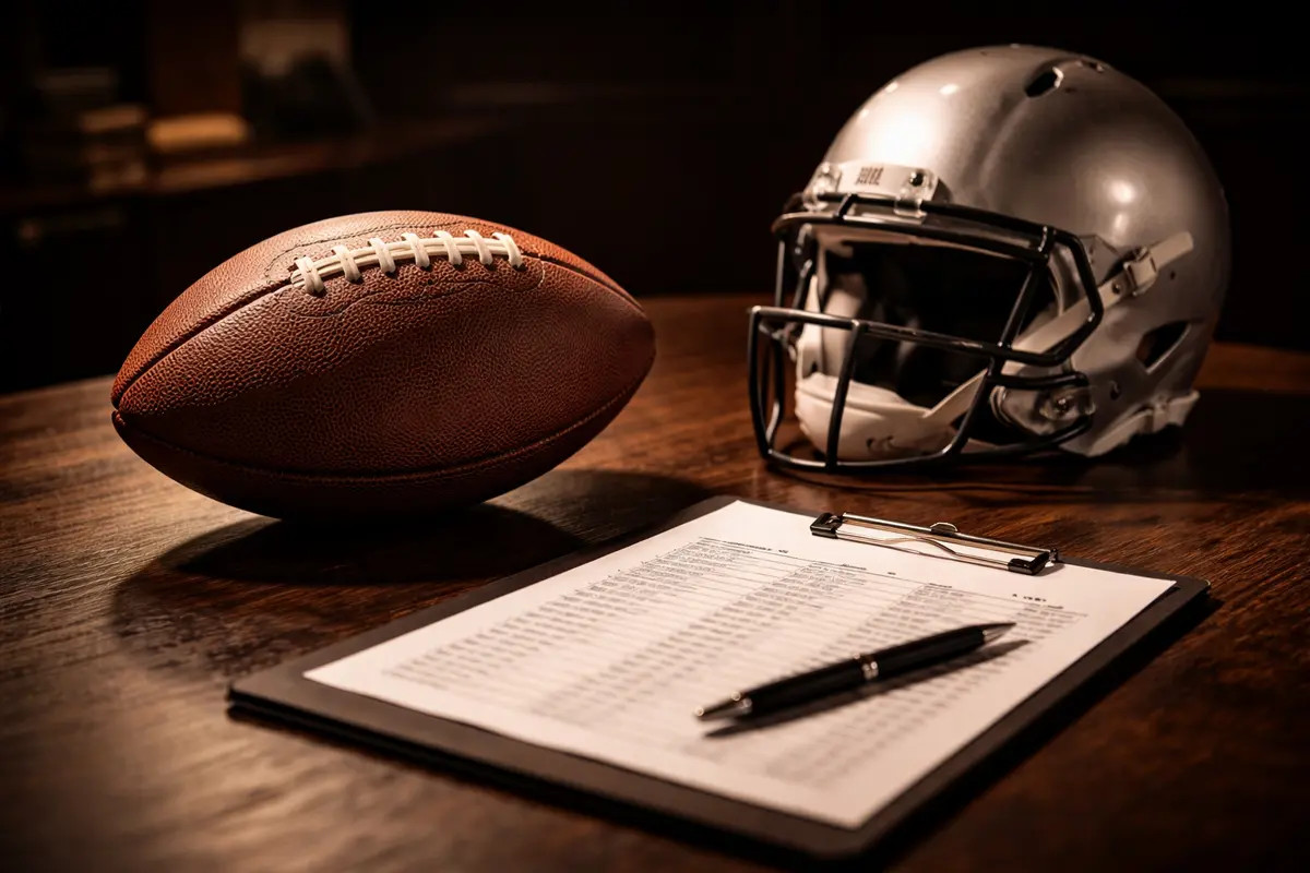 American Football und Helm auf einem Tisch neben einem Entwurfsplan