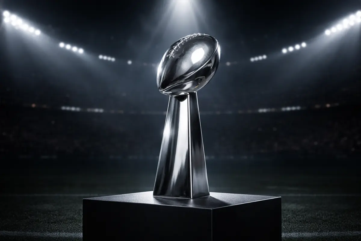 Vince Lombardi Trophy auf einem Podest im Scheinwerferlicht eines NFL-Stadions