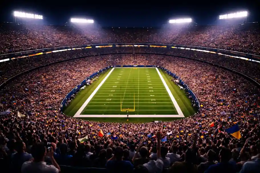 Volles NFL-Stadion aus der Vogelperspektive mit begeisterten Fans bei Nacht