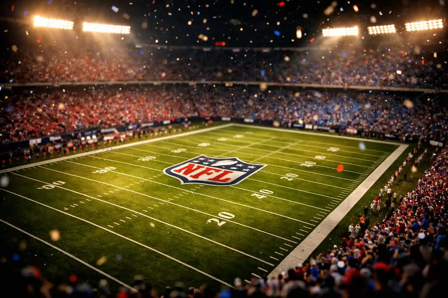 Beleuchtetes NFL-Stadion bei Nacht mit Footballfeld und jubelnden Fans