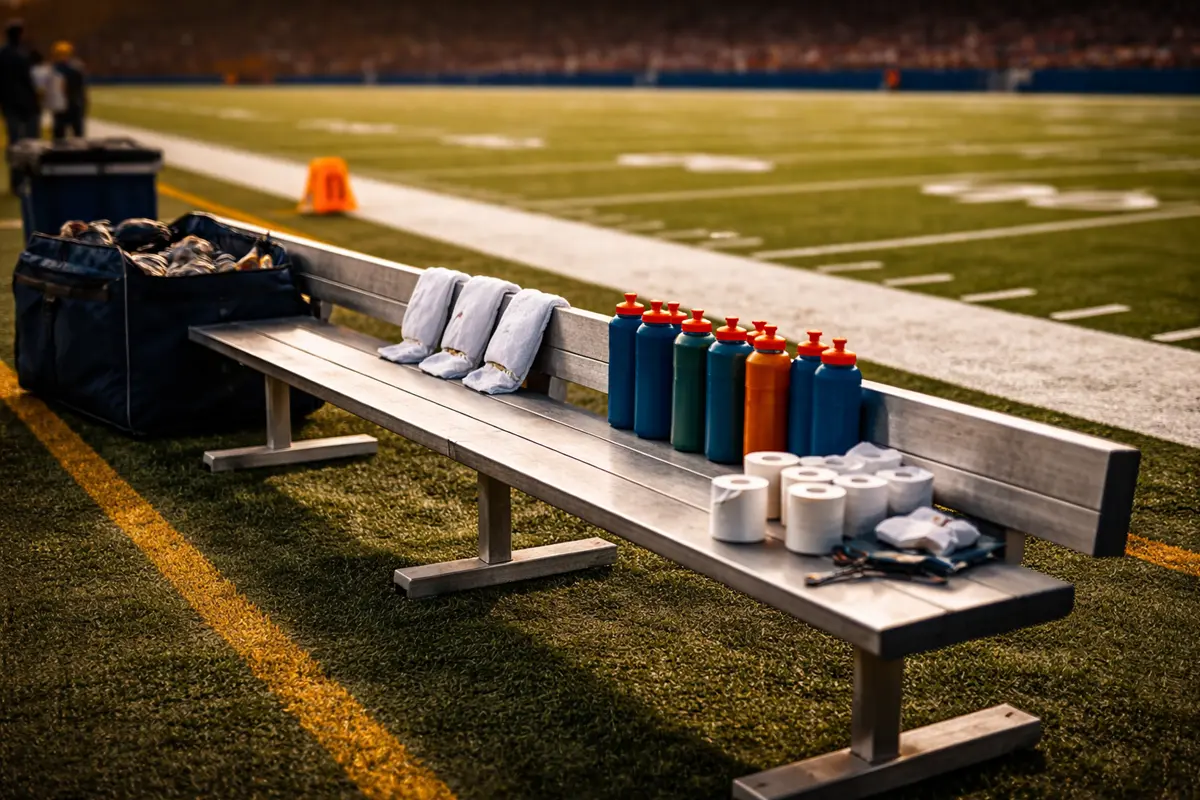 Seitenlinie eines NFL-Stadions mit Trainerbänken und Ausrüstung bei Flutlicht – Injury Reports