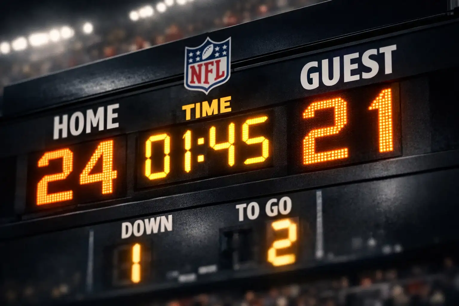 NFL Spielstand 24-21 auf einer Anzeigetafel mit drei Punkten Differenz