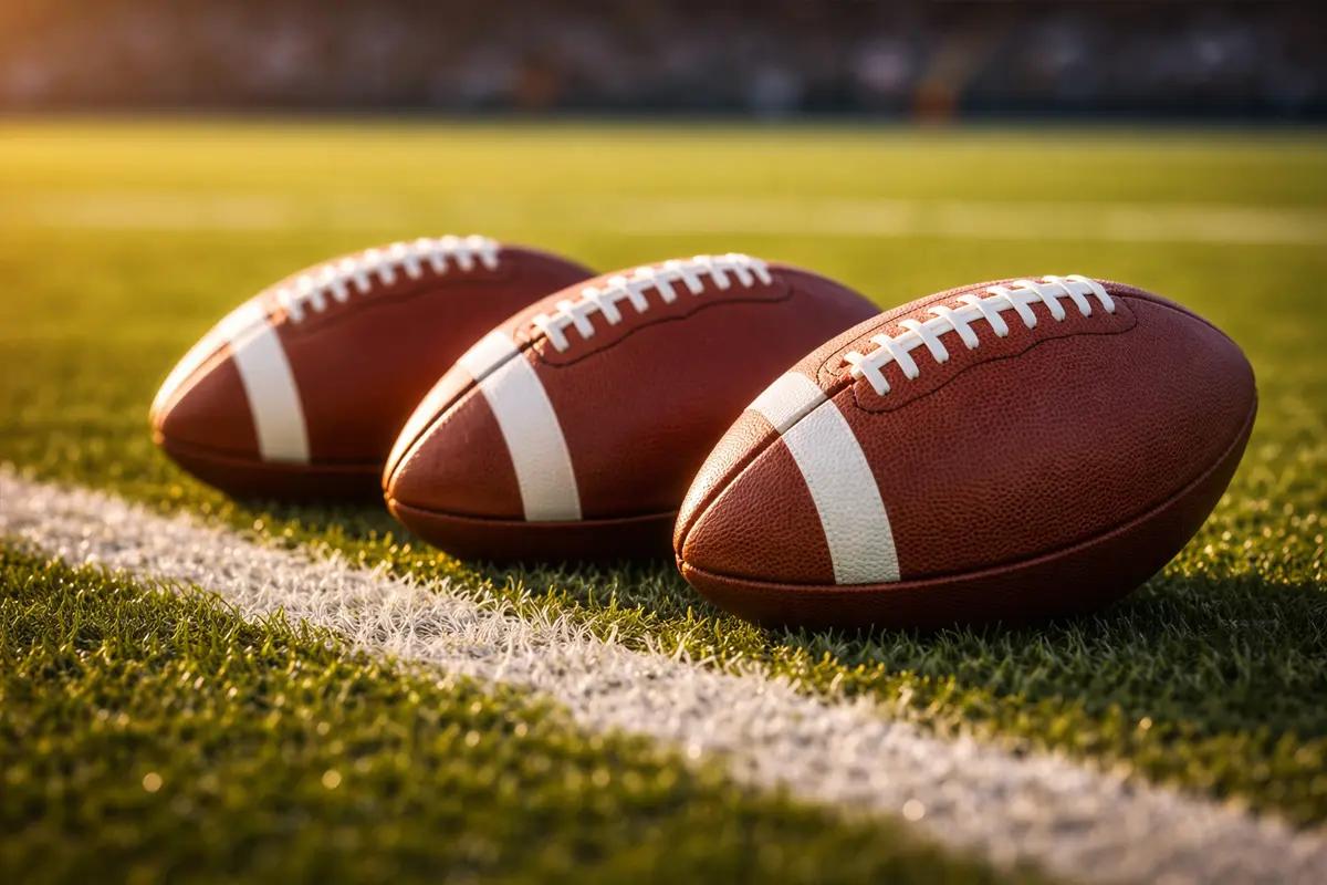 Mehrere NFL-Footballs nebeneinander auf grünem Rasen eines Spielfelds