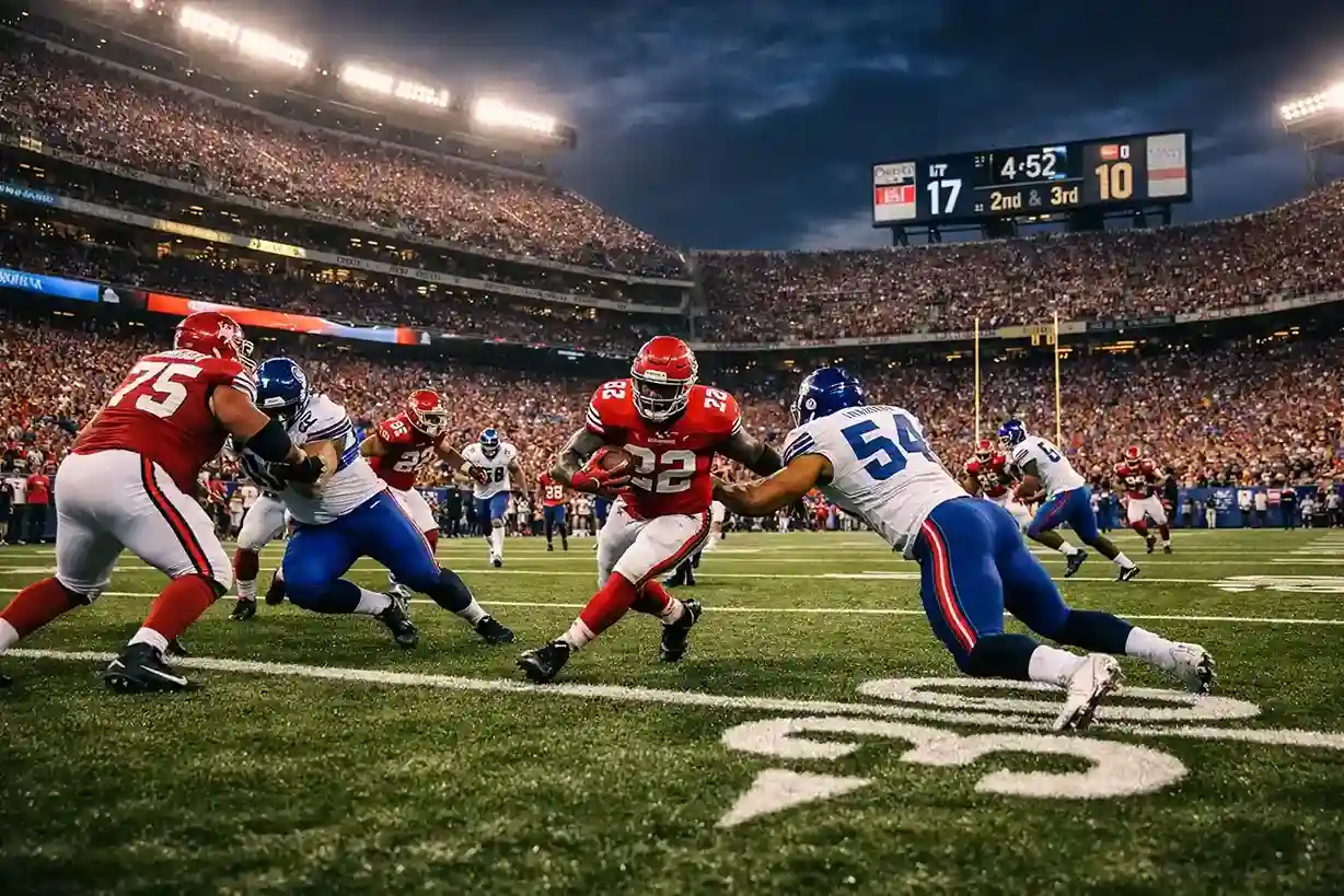 Spannendes NFL-Spiel in vollem Gange mit Spielern auf dem Feld und jubelnden Fans