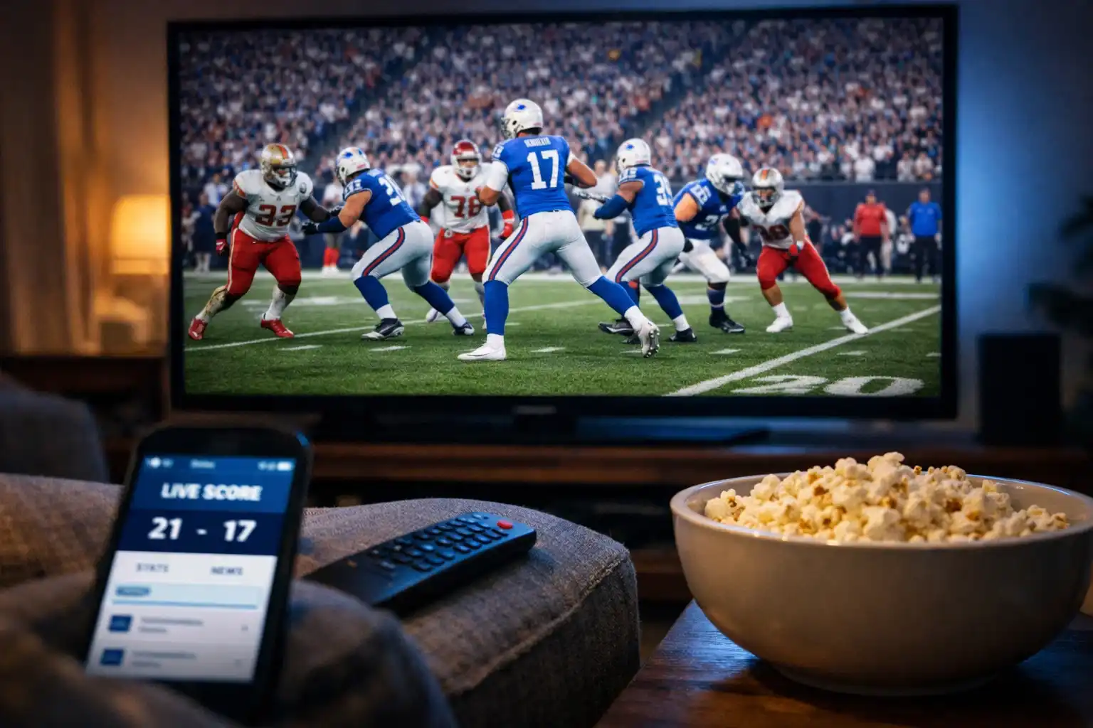 Live NFL-Spiel auf dem Fernseher mit Smartphone-App zum Mitverfolgen der Spielstatistiken