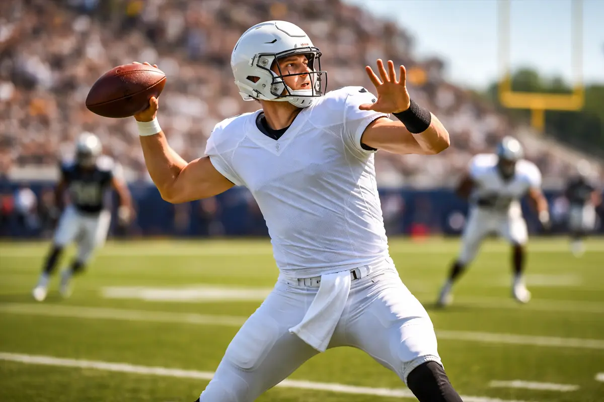 NFL-Quarterback wirft einen Football auf einem grünen Spielfeld bei Tageslicht