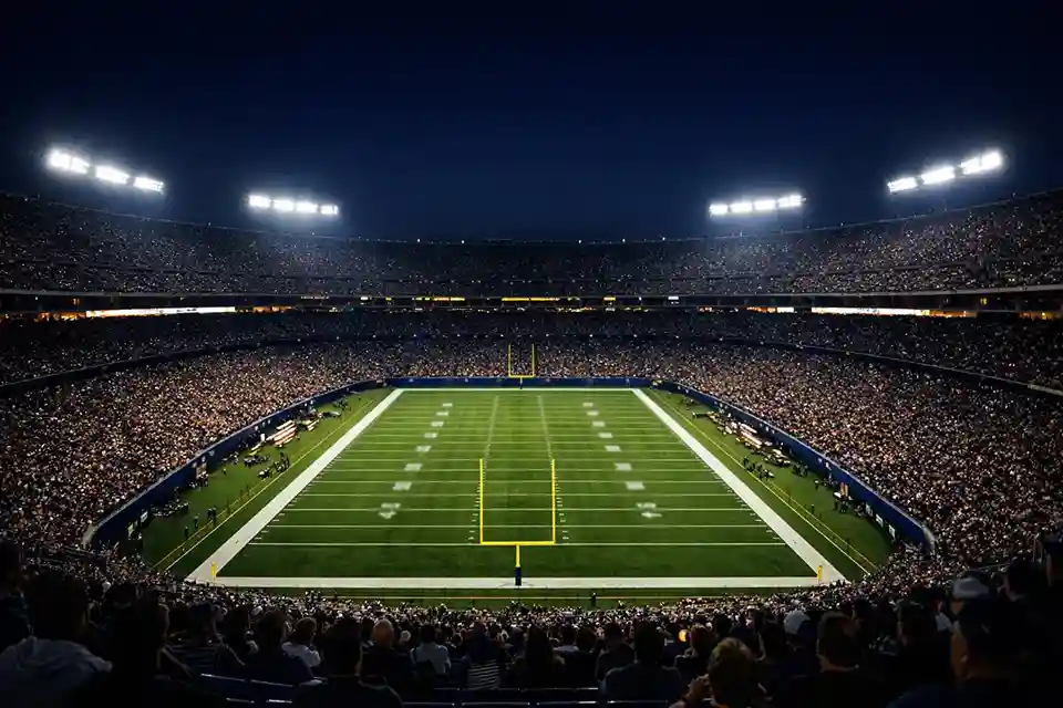 Blick von den Rängen auf ein beleuchtetes NFL-Stadion bei Nacht – Quoten verstehen