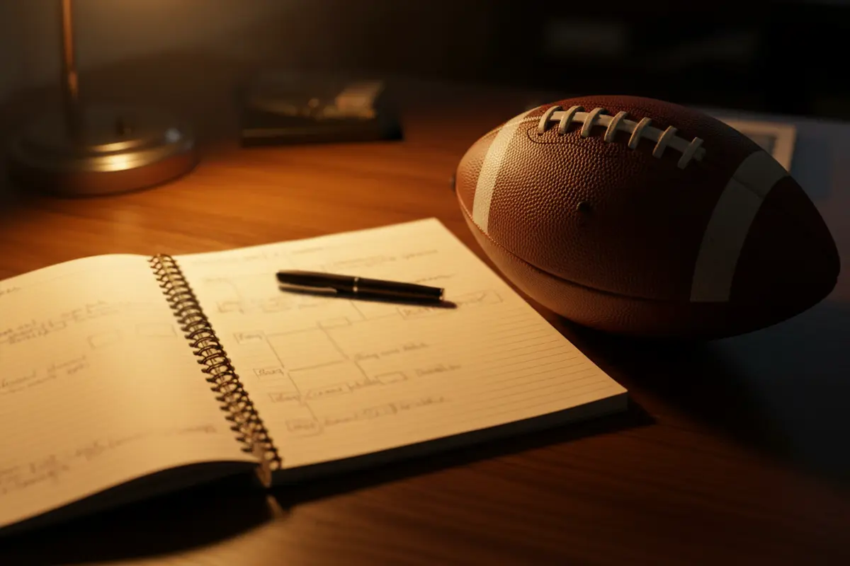 Aufgeschlagener Notizbuch mit NFL-Saisonplanung neben einem American Football