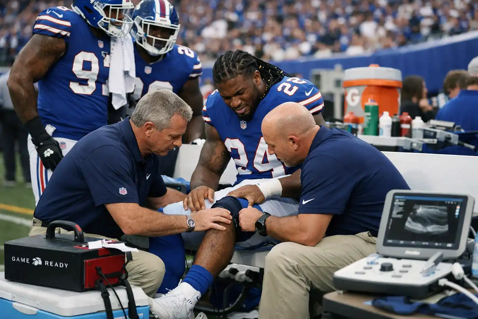 NFL-Spieler wird von Teamärzten am Spielfeldrand untersucht