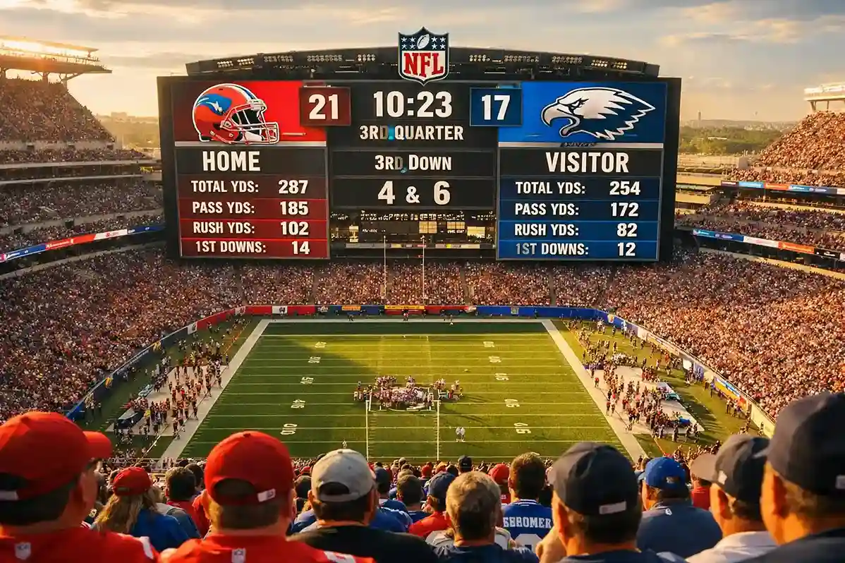 Blick auf eine NFL Anzeigetafel im Stadion mit Punktestand