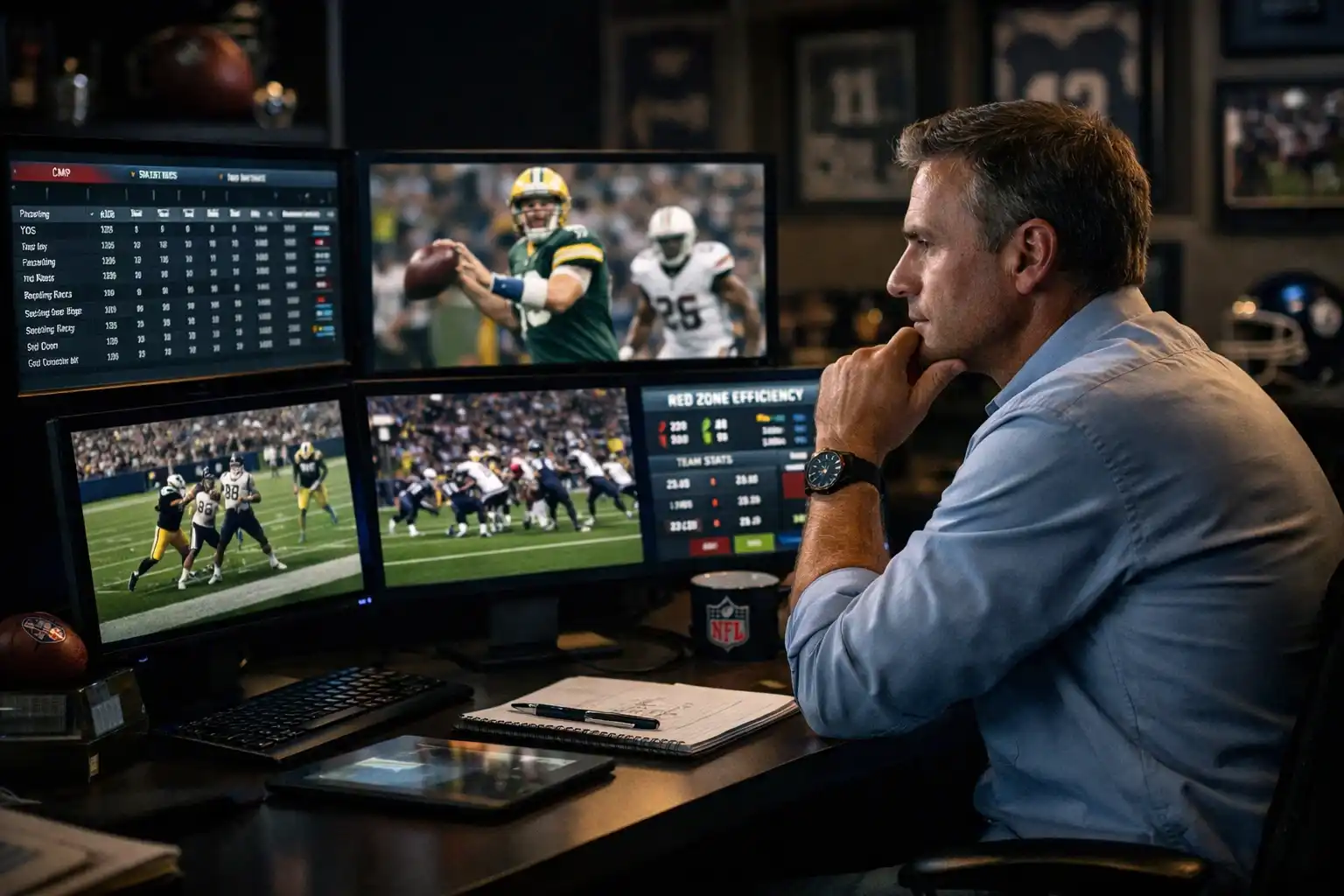 Analyst studiert NFL-Spielstatistiken auf mehreren Monitoren