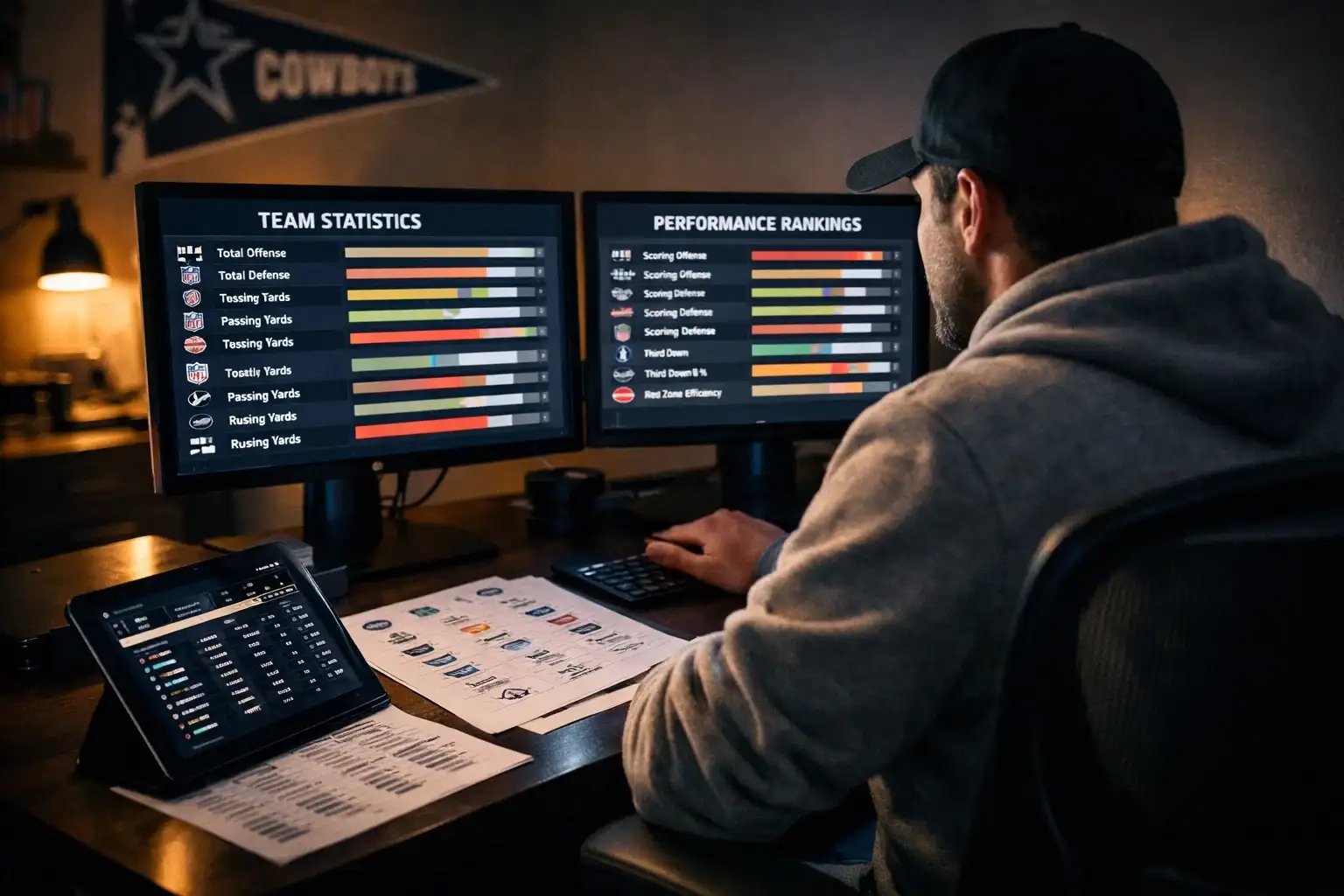 Person analysiert NFL-Spielstatistiken auf mehreren Bildschirmen mit Diagrammen