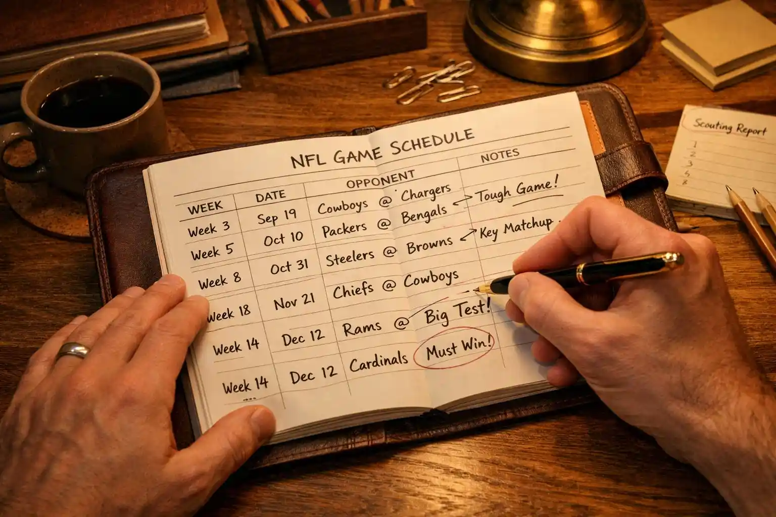 Person macht Notizen zu NFL-Spielen in einem Notizbuch mit Stift
