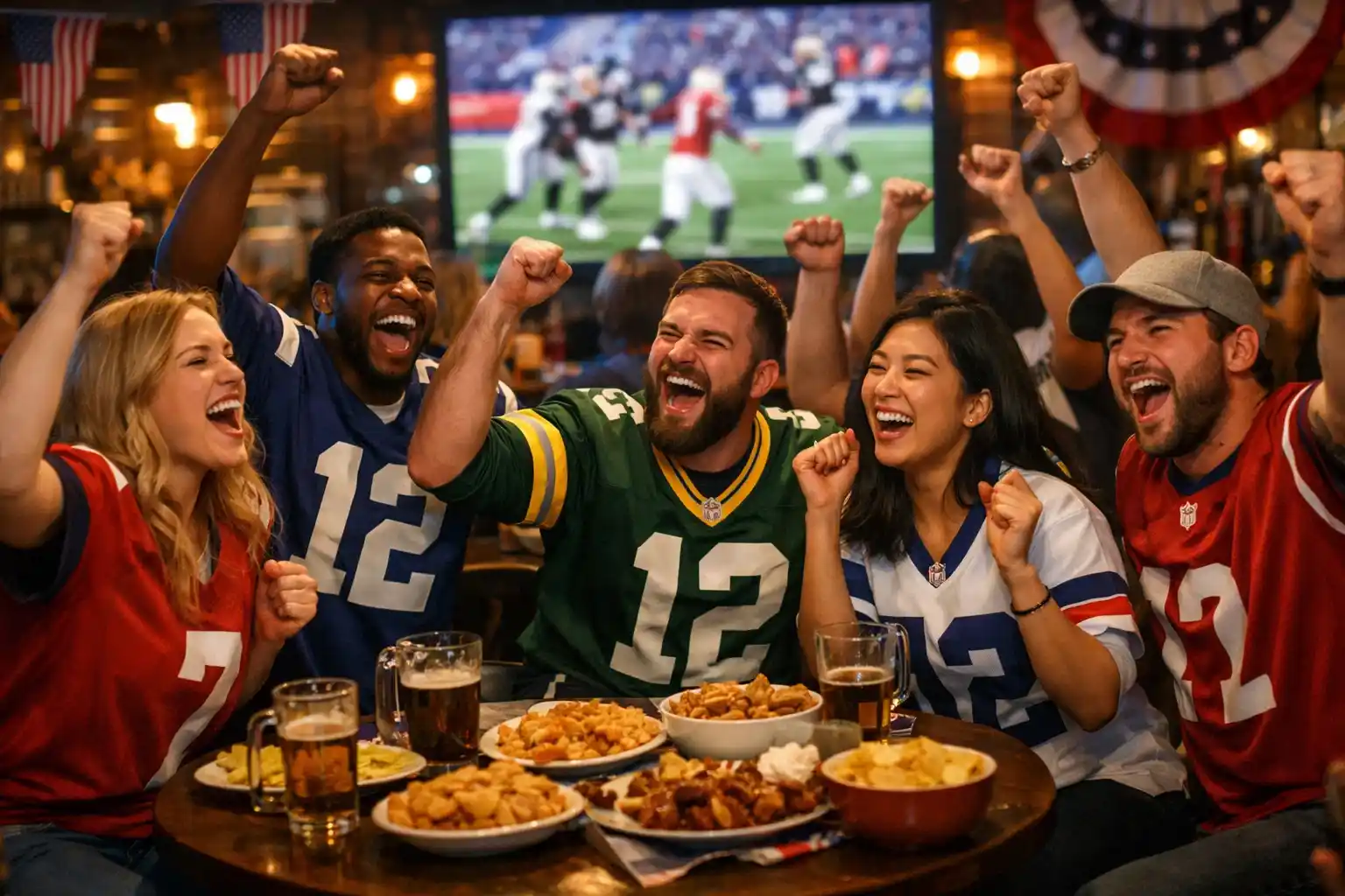 Begeisterte Football-Fans feiern gemeinsam beim Super Bowl Viewing mit Trikots und Schals