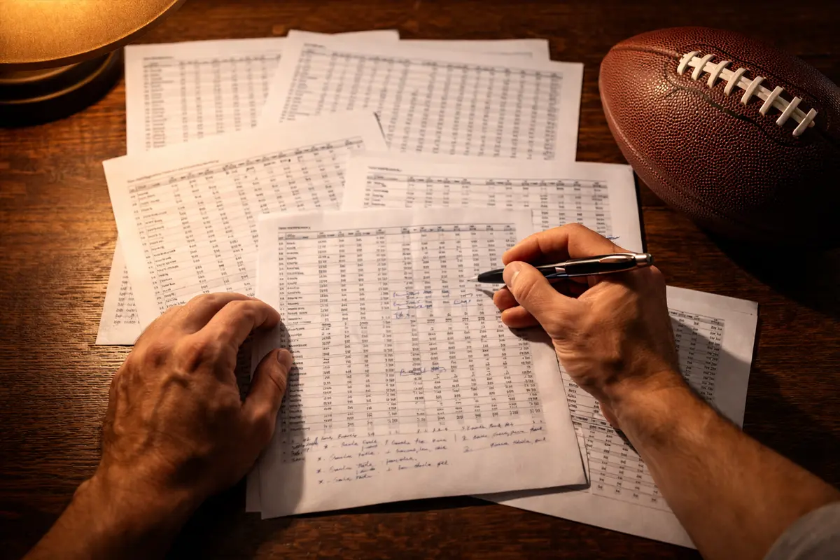 Person analysiert NFL-Statistiken auf Papier neben einem American Football