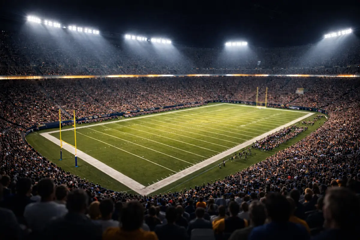 Blick von der Tribüne auf ein beleuchtetes NFL-Stadion bei Nacht in Deutschland
