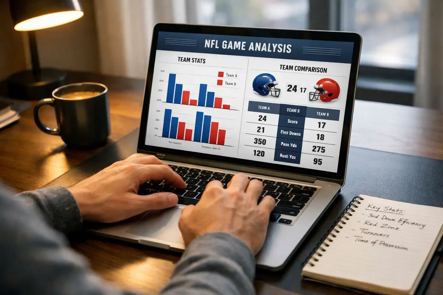 Sportanalyse auf einem Laptop-Bildschirm mit NFL-Spielstatistiken und Wettquoten