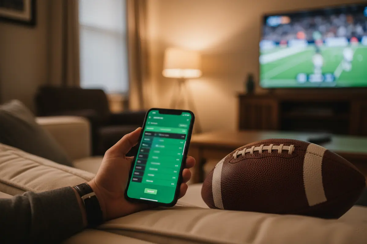 Hand hält ein Smartphone mit Sportwetten-Oberfläche neben einem Football