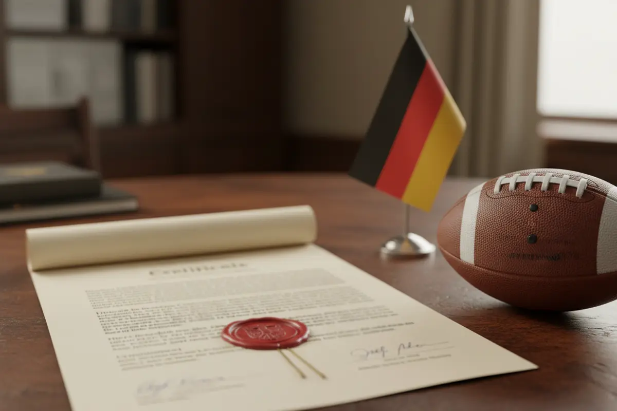 Deutsches Gesetzesdokument mit Stempel neben einem American Football