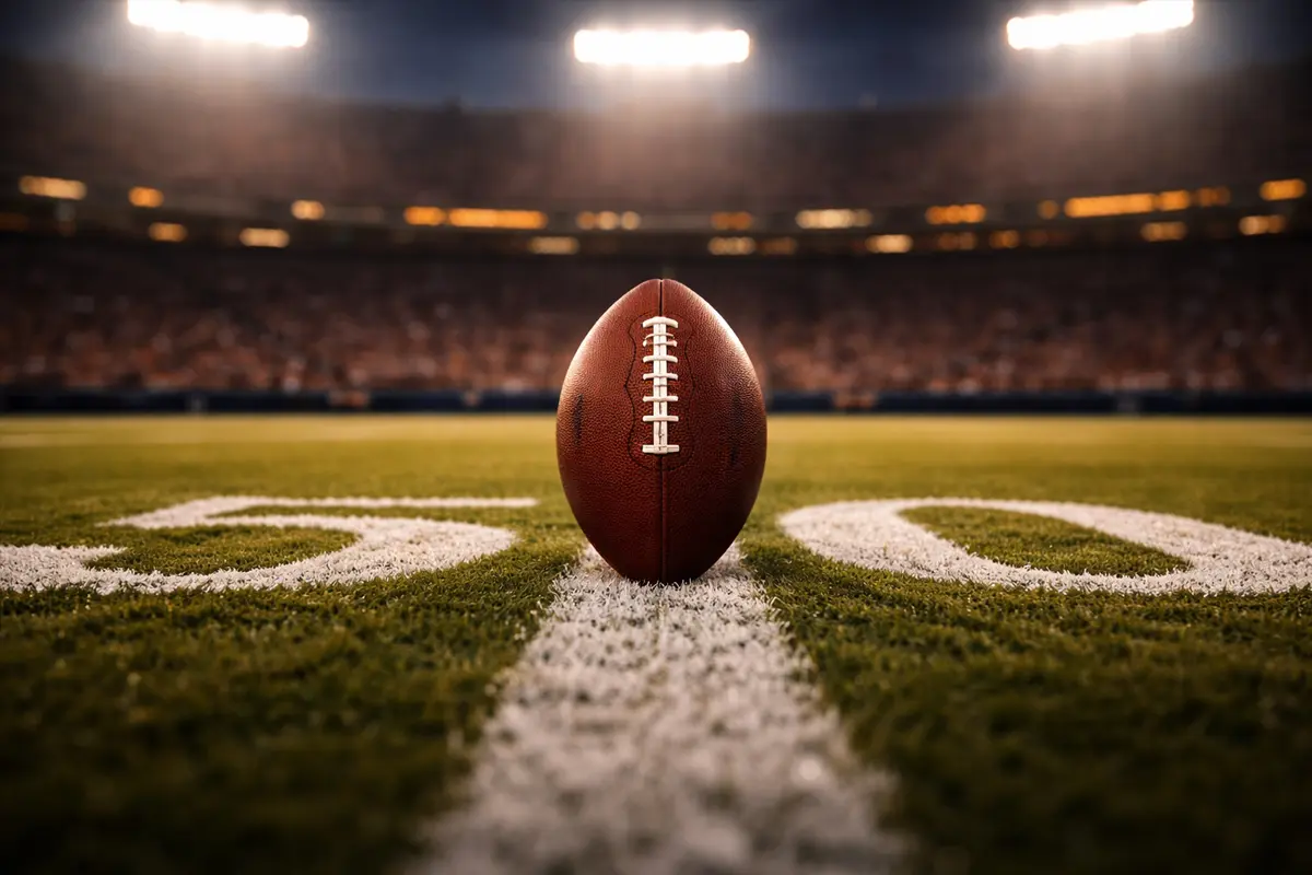 American Football auf der Mittellinie eines NFL-Spielfelds unter Flutlicht – Tipps für Anfänger