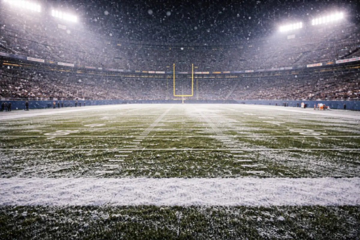 Verschneites NFL-Stadion mit Flutlicht und Schneeflocken über dem Spielfeld – Wetter als Wettfaktor