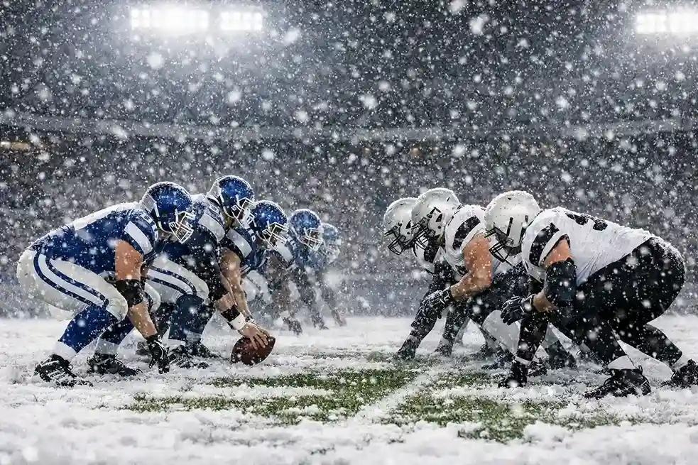 NFL-Spiel im Schneefall mit weißem Spielfeld und Spielern