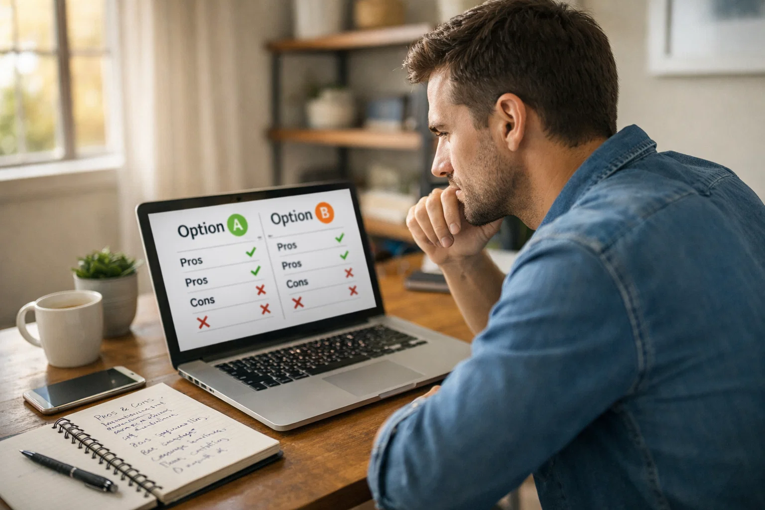 Person vergleicht verschiedene Optionen am Laptop mit Notizen