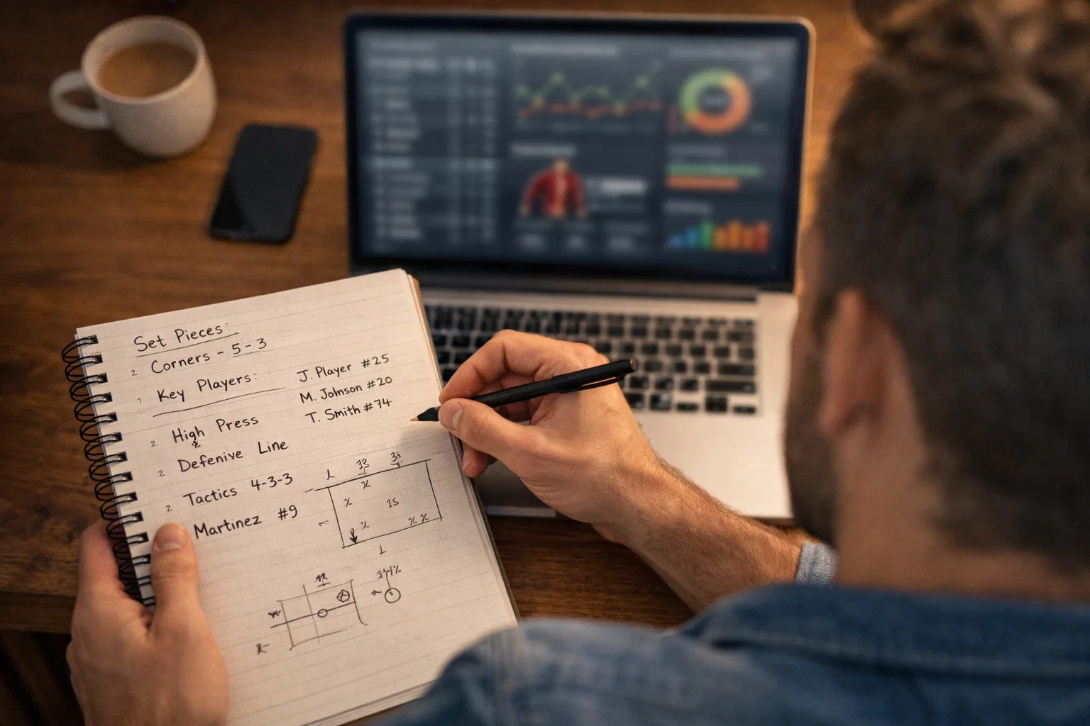 Person analysiert Football-Statistiken auf einem Laptop