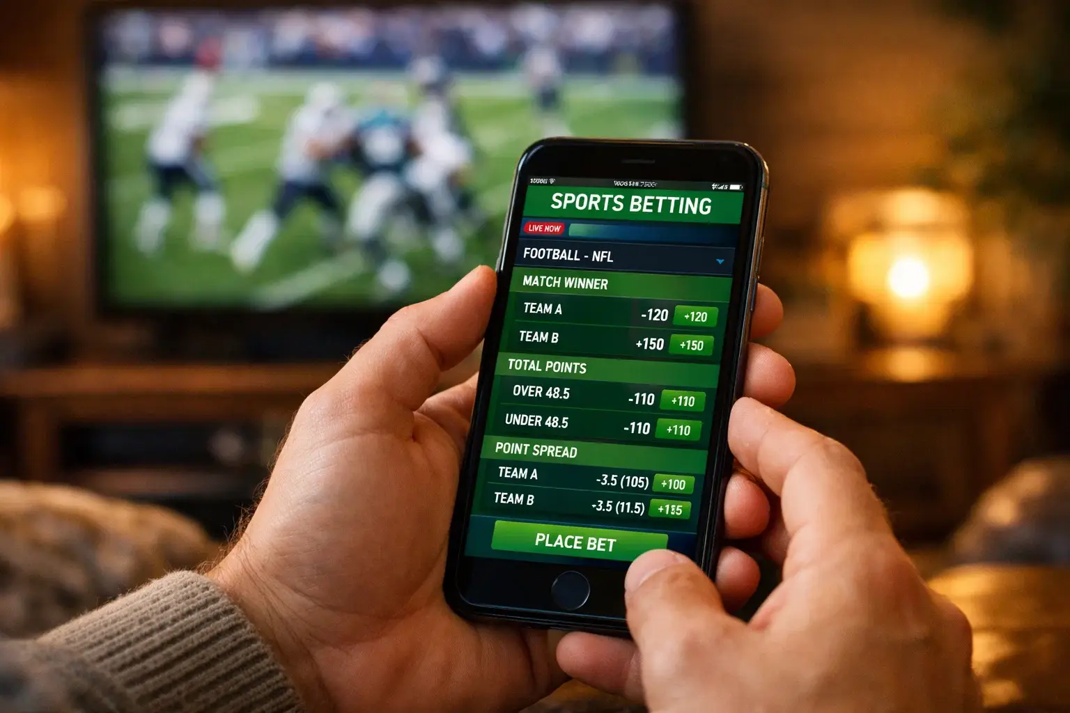 Hände halten ein Smartphone mit einer Sportwetten-App während eines Footballspiels