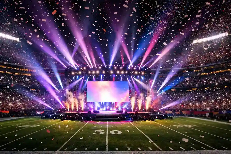 Beleuchtete Super-Bowl-Bühne in einem voll besetzten NFL-Stadion bei Nacht – Halbzeitshow Wetten