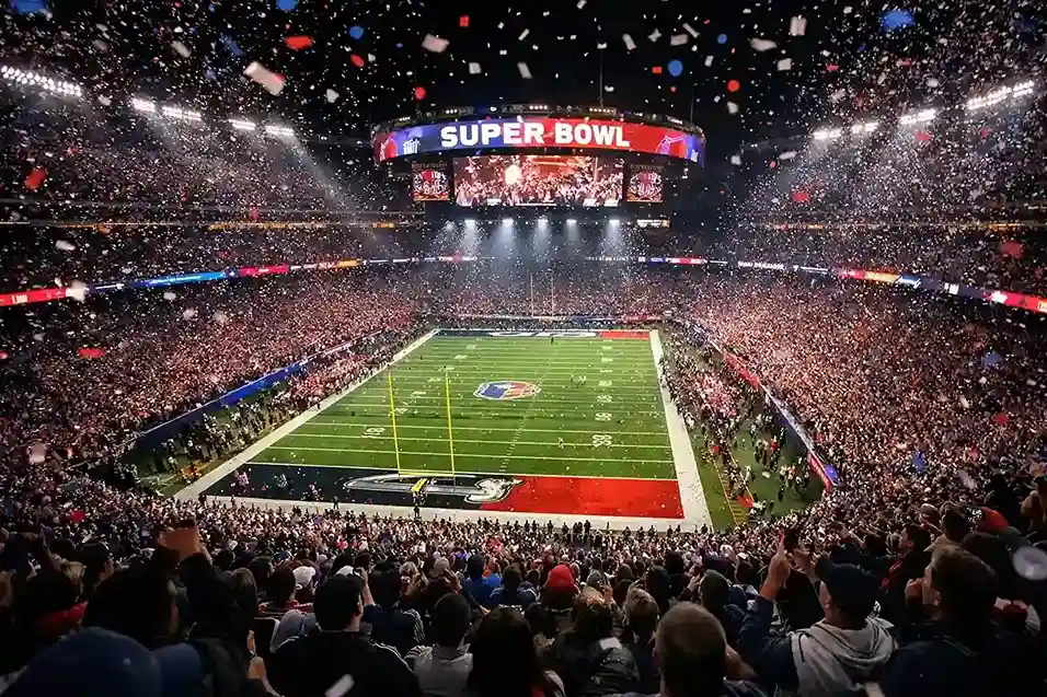 Beleuchtetes Football-Stadion bei Nacht mit Konfetti während des Super Bowl