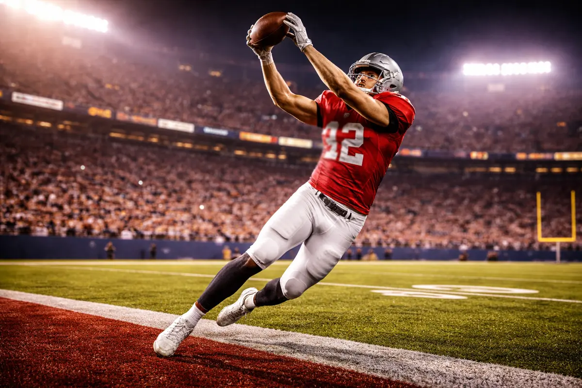 Football-Spieler fängt den Ball in der Endzone eines NFL-Stadions – Touchdown Scorer Wetten