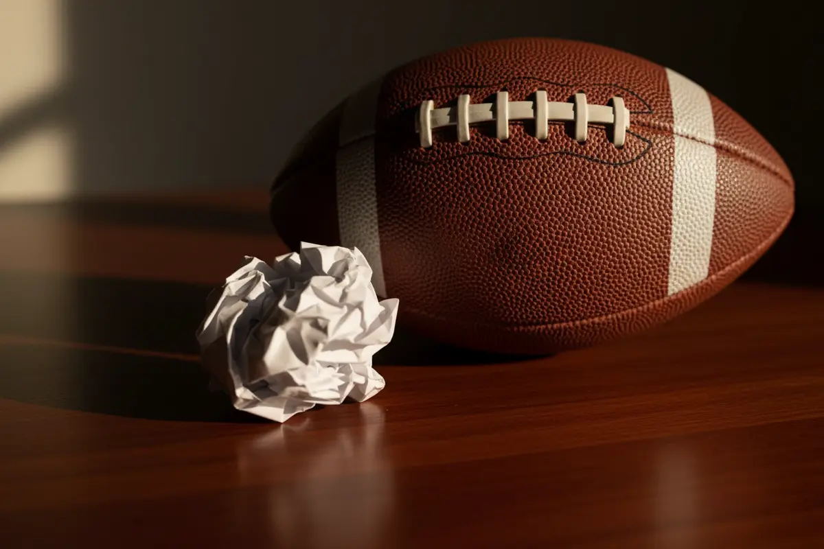 Zerknüllter Wettschein neben einem American Football auf einem Holztisch